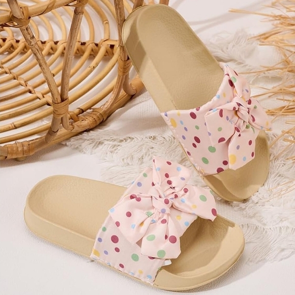 Flat Slide Sandals Slip-On Waterproof Flip-Flops Casual Shoes, Pink Bow Polkadot - Picture 5 of 8